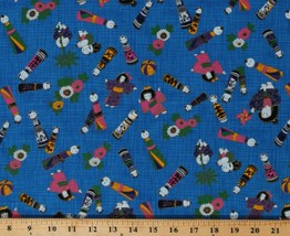 Cotton Japanese Kokeshi Dolls Kimono Floral Blue Fabric Print by Yard D691.17 - £8.55 GBP