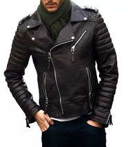 Men&#39;s Brando Cafe Racer Motorcycle Black Leather Jacket - £46.42 GBP+