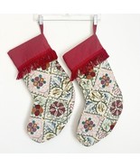 TWO Christmas Stockings Red Fringe Tapestry Floral Geometric Artist Made... - $41.01 CAD