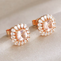 2Ct Cushion Lab-Created Morganite Halo Stud Earrings 14K Rose Gold Plated Silver - £103.28 GBP