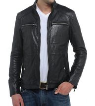 Men Leather Jacket Black Slim fit Biker Motorcycle Genuine Lambskin Jacket MJ055 - £93.92 GBP