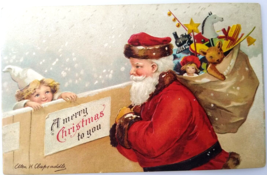 Santa Claus Christmas Postcard Ellen Clapsaddle Girl By Fence Brown Teddy Bear - $17.10