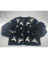 Vintage Michael Simon Christmas Cardigan Womens Medium Black Reindeer Be... - £95.64 GBP