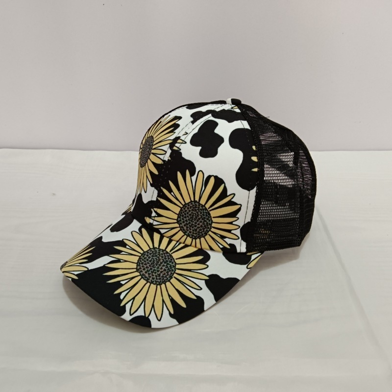 Back Open Cross Ponytail Net Women's Hat Printed Truck Driver Cap Sports Basebal
