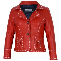 Red Leather Jacket Women - Genuine Real Leather Bomber Jacket Blazer wit... - $340.77 CAD