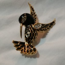 Vintage Sphinx Black Enamel Gold Tone Clear Rhinestones Hummingbird Brooch Pin - £35.83 GBP