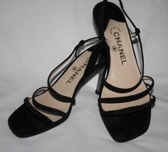 CHANEL CC Logo Heel Black Suede Crystal Sandal Shoe 37-1/2  7.5 - £258.71 GBP