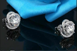 14K White Gold Finish 2.00 Ct Round-Cut Lab Created Diamond Halo Stud Earrings - £57.59 GBP
