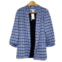Necessary Objects Women&#39;s Large Open Front 3/4 Sleeve Blazer Jacket Blue Plaid - £35.45 GBP