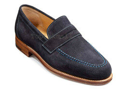 Handmade Men&#39;s Leather Navy Blue Color Penny Loafer Slip On Suede Dress ... - $189.99