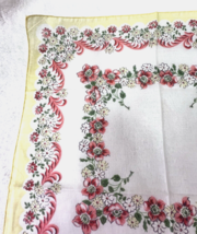 Vintage Hankie Pink Floral and Feathery Scrolls w Yellow 12 In NICE Shape - $9.89