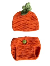 Newborn Baby Pumpkin Beanie and Diaper Cover Set-Hand Crochet-Holiday Photo Prop - £14.54 GBP