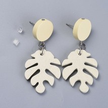 Monstera Leaf Earrings Stud Dangle White Wood Jewelry Stainless Steel 52mm - $11.87