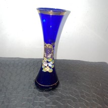 Cobalt Blue Glass Trumpet Vase, Horn Mouth/Base, Bas Relief Flowers, Gol... - £21.56 GBP