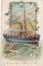 Postcard Valentine Embossed Hearts Roses Sailing Ship Seagulls c1909 - £3.91 GBP