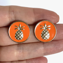 Pineapple Orange Enamel Gold Tone Discs Stud Pierced Earrings 3/4in - £6.35 GBP