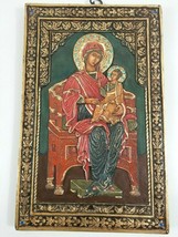 Vintage Wood Icon Eleousa Mary &amp; Child Relief Plaque Hand Painted w/ Jewels COA - £207.82 GBP
