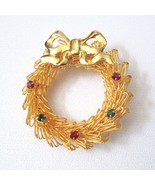 Vintage Goldtone Loop Christmas Wreath Pin Bow &amp; Rhinestones Holiday Brooch - $19.77