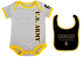 Licensed US Army 100% Cotton Bodysuit &amp; &#39;Hooah&#39; Bib Set - Grey with Yell... - £30.44 GBP