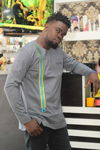 Men&#39;s Gray Long Sleeve Shirt with Embroidered Strips African Clothing Me... - $55.00