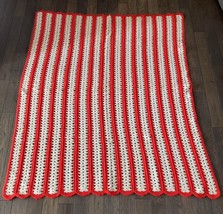 Vintage Handmade Afghan Blanket Crochet 49&quot; x 63&quot; Throw, Red &amp; White Stripe - £22.60 GBP