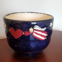 Hand Painted Stoneware Bowl or Planter, 6", Blue, Red Heart and Angels, Folk Art image 3