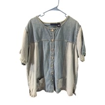 CST BLues Womens Size 2X Short Sleeve Button Up Top Chambray Two Tone Denim Jean - £15.95 GBP