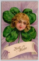 Fantasy Girl Head In Shamrock Four Leaf Clover Best Wishes Embossed Postcard C42 - £11.69 GBP