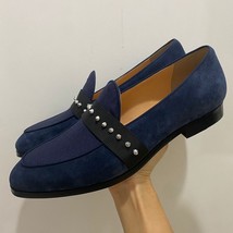 Blue Suede Spiked Shoes Man Pointed Toe Rivet Studded Slip On Flat Shoes Men Sex - £115.58 GBP