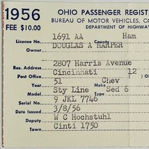 Vintage 1956 Ohio Passenger Registration Card 1951 Chevrolet Car Registration - $9.47
