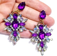 Chandelier Earrings Purple Rhinestone Crystal Bridal Prom Pageant 2.8 inch Drag  - $35.18