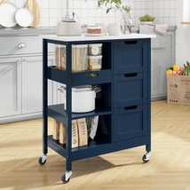 Yitahome Small Solid Wood Top Kitchen Island Cart On Wheels With, Navy Blue - $137.98