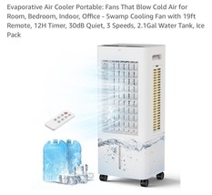 Portable Evaporative Air Cooler with Remote, 12H Timer, 3 Speeds, Quiet Fan - $1,379.51 MXN