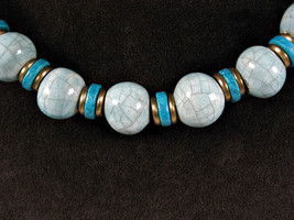 Blue Crackled Ceramic Beaded Necklace Vintage Disc Handmade Beads Goldtone 19&quot; - £16.61 GBP