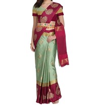 Women&#39;s Z-Card Cotton Silk Foil Print Saree with Belt Free Size Sari Indian Ethn - £30.10 GBP