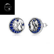 Sterling Silver 925 Stud Earrings Midnight Moon Cat Animal With Cubic Zirconia - £15.36 GBP