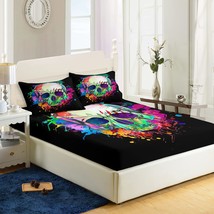 Skull Fitted Sheet For Teen Boys, Skull Pattern Printed Bed Sheets,Skele... - £43.24 GBP