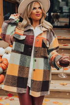 Orange Plaid Print Flap Pocket Long Jacket - $23.46
