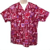 Peaches Red Heart Valentine&#39;s Gold Flecks Scrub Shirt Womens Sz Medium N... - $12.99