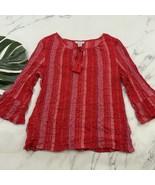 Tommy Bahama Womens Gauzy Blouse Top Size L Red Pink Stripe Tassels Crinkle - $37.89 CAD