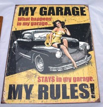 My Garage Rules Pin-up Girl Tin Sign What Happens Stays Cars Shop or Man Cave - £9.67 GBP