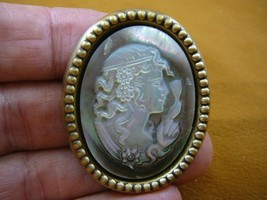 (C-1404) small Mother of Pearl carved vintage Lady oval CAMEO brass pin ... - £53.91 GBP