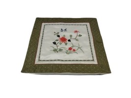 Vintage Silk Chinese Embroidered Pillow Cover Green White Flowers Bird - £19.41 GBP