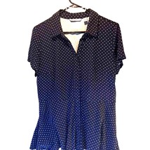 Isaac Mizrahi Live Women&#39;s Button Up Shirt Navy White Polka Dot Stretch M New - $18.80