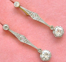 Antique Art Deco 1.60ctw Euro Diamond Drop Platinum Stud Dangle Earrings 1930 - £3,110.20 GBP