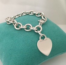 SMALL 6.5&quot; Tiffany Charm Bracelet in Sterling Silver Classic Blank Heart Tag - £194.67 GBP