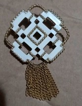 Vintage Avon White Enamel Square Open Work Brooch Pendant Gold Tone Tassels - $6.00