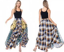 NEW TOV HOLY The Damsel&#39;s Yellow &amp; Blue Plaid Flowing Maxi Skirt M L XL ... - £111.90 GBP