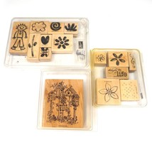 STAMPIN UP Wood Rubber Stamps Lot Delight Life Flowers Birdhouse Crayon Kids Art - £7.82 GBP