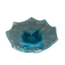 Vintage Northwood Blue Opalescent Inverted Fan &amp; Feather Footed Glass Bowl 7&quot; - £27.40 GBP